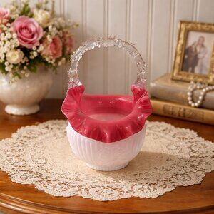 Rare Vintage Fenton Peach Crest Beaded Melon Basket - Thorn Handle